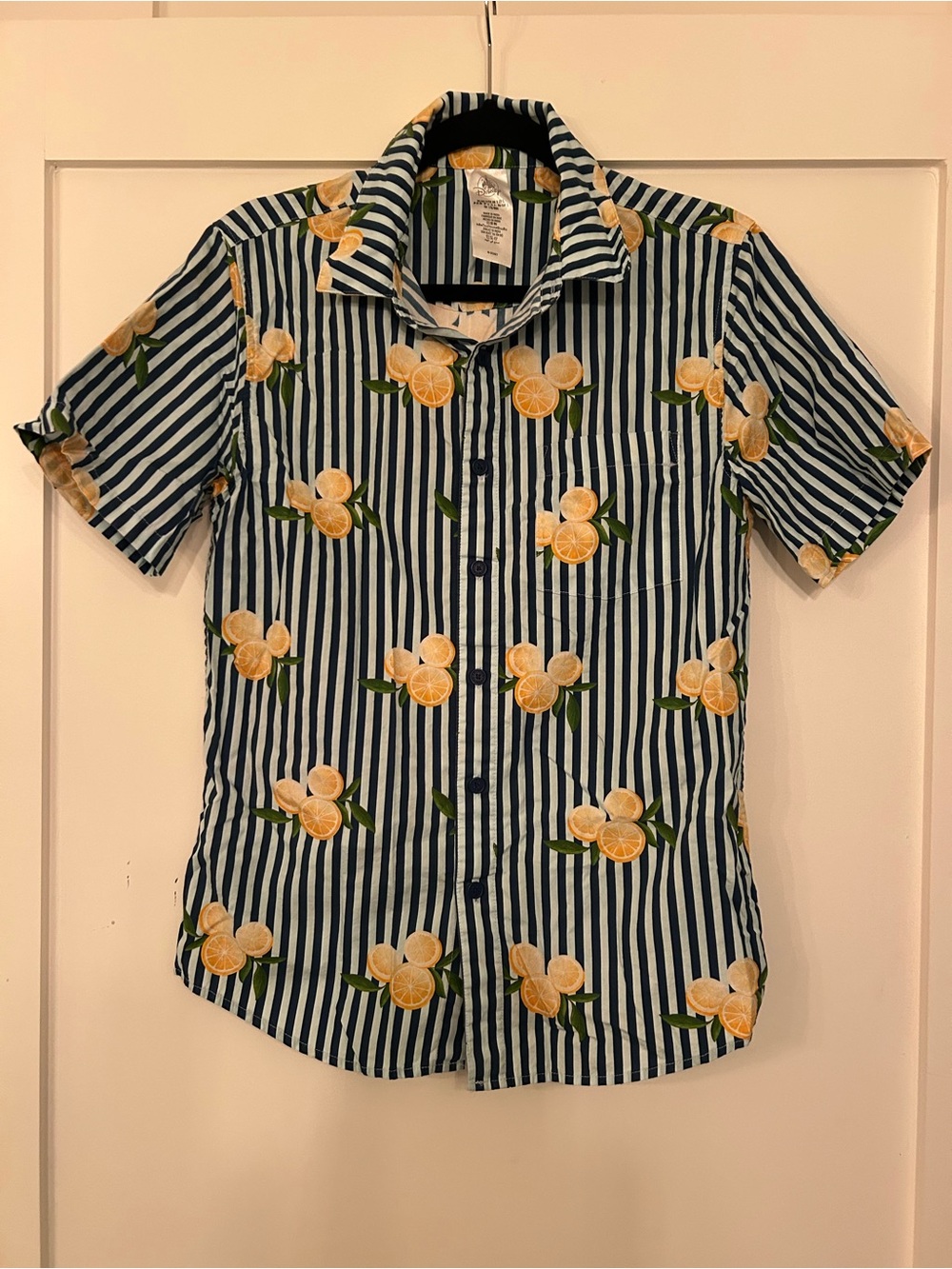 Disney Navy and Light Blue Striped Button-Down with Orange Print
